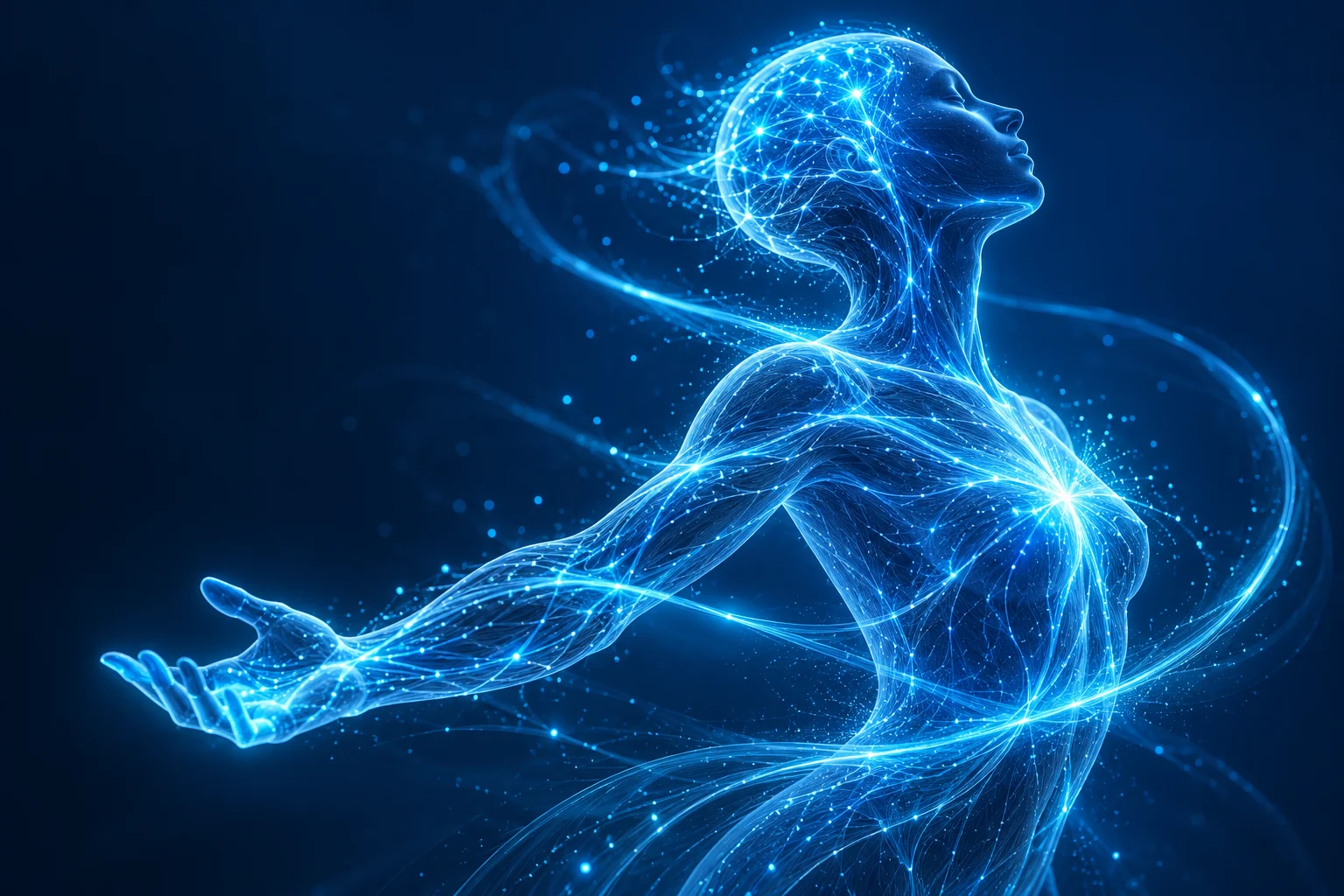Conceptual illustration of a human figure connected by flowing blue and cyan light