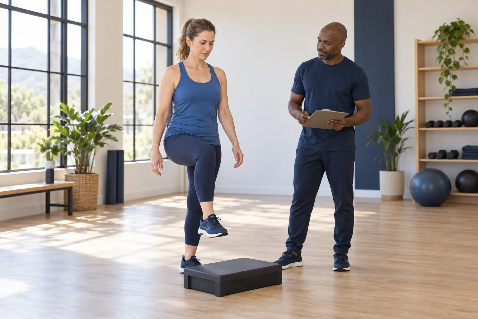 A movement coach observing an adult stepping onto a low exercise platform