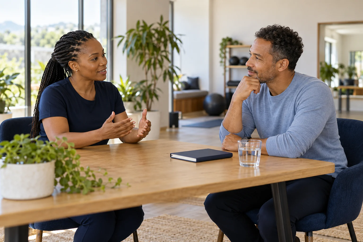 A performance coach and an adult discussing personal development goals