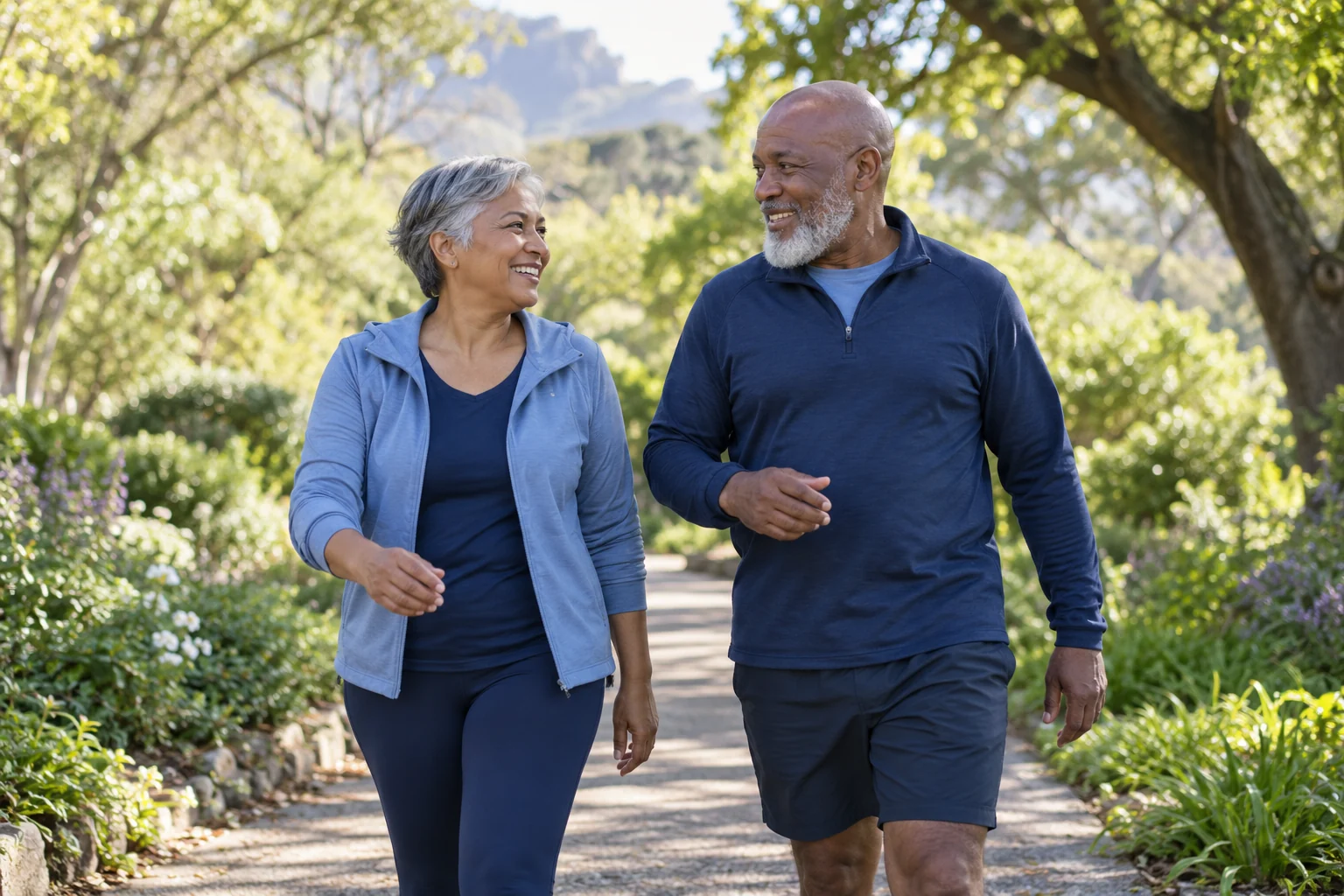 Illustrative scene of two older adults enjoying a walk in a leafy park