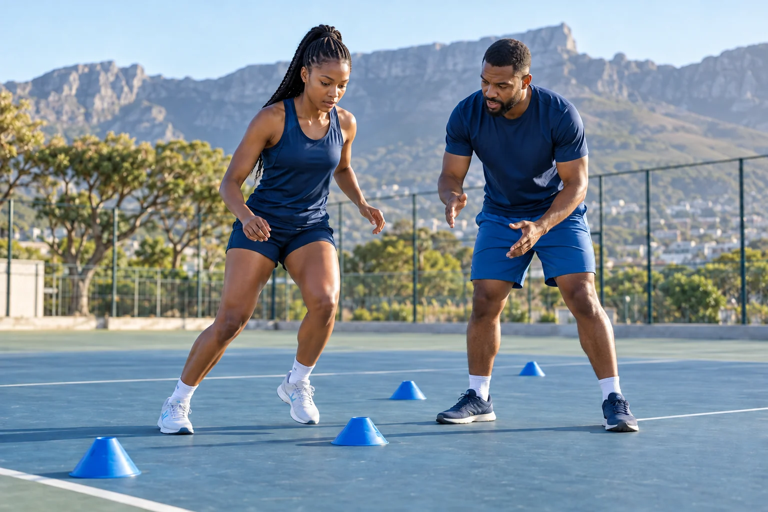 Illustrative scene of an adult athlete and coach practising a movement drill