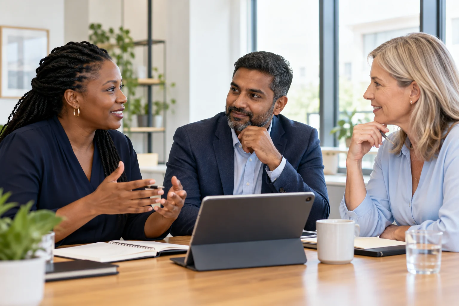 Illustrative scene of three professionals discussing a people-development programme